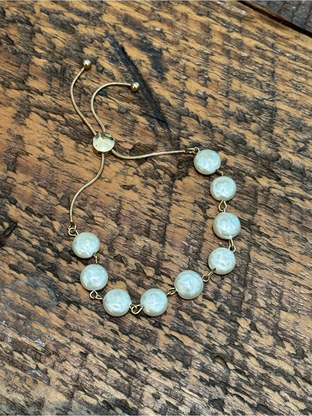Pearl Gold Tone Adjustable Bolo Slider Bracelet
